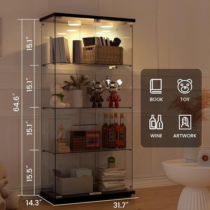 Display Cabinet with Light, Glass Door and Lock, 4-Shelf Fast Installation in - Image 2