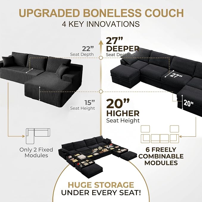 Upgrade Boneless Couch with Storage, Extra Deep&High Seat Modular Sectional - Image 6