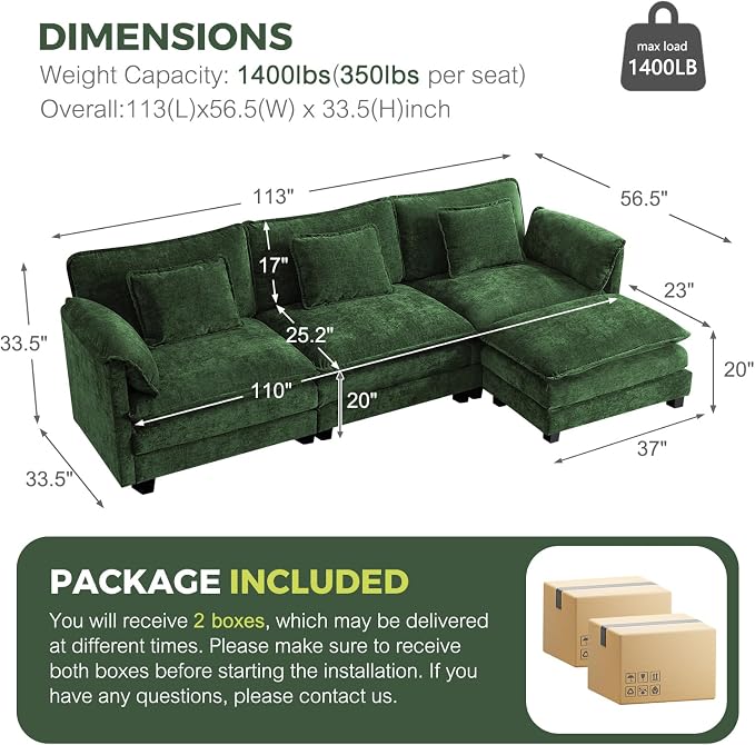 ELUCHANG 113" Modular Sectional Sofa, Comfy Cloud Couch, L Shaped Deep Seat - Image 2