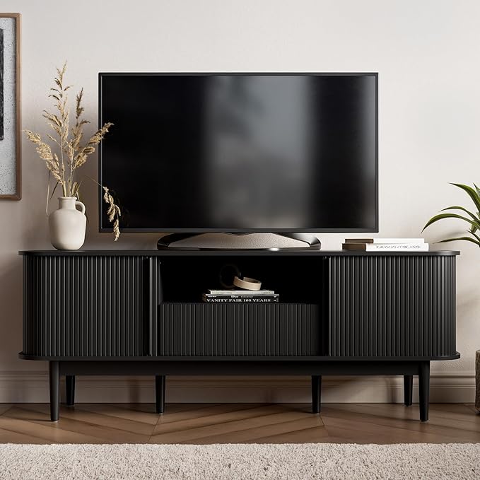 MAISONARIA 63" Black TV Stand, Fluted Entertainment Center - Image 2