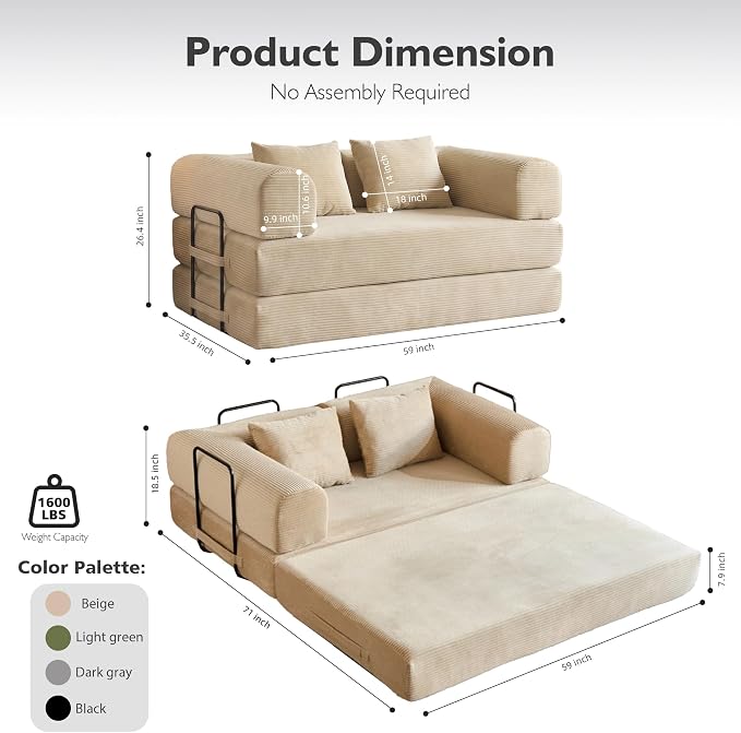 59in Convertible Sofa Bed, Corduroy Boneless Couch Bed, Futon Sleeper Sofa Pull - Image 2