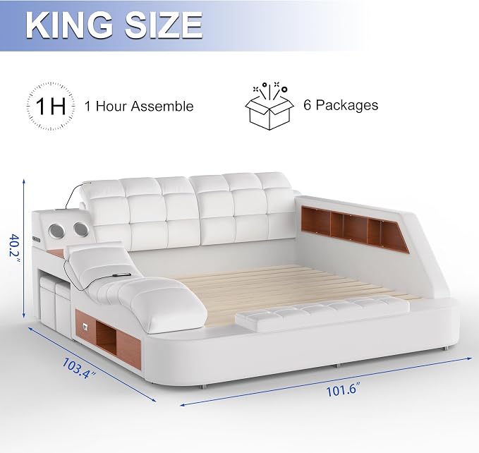 Luxury Smart King Bed Frame, Leather Headboard/Strong Wooden Slats - Image 2