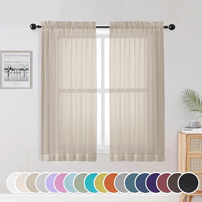 Taupe Sheer Curtains 54 Inch Length 2 Panels Set, Rod Pocket Fimly Voile Short by OWENIE