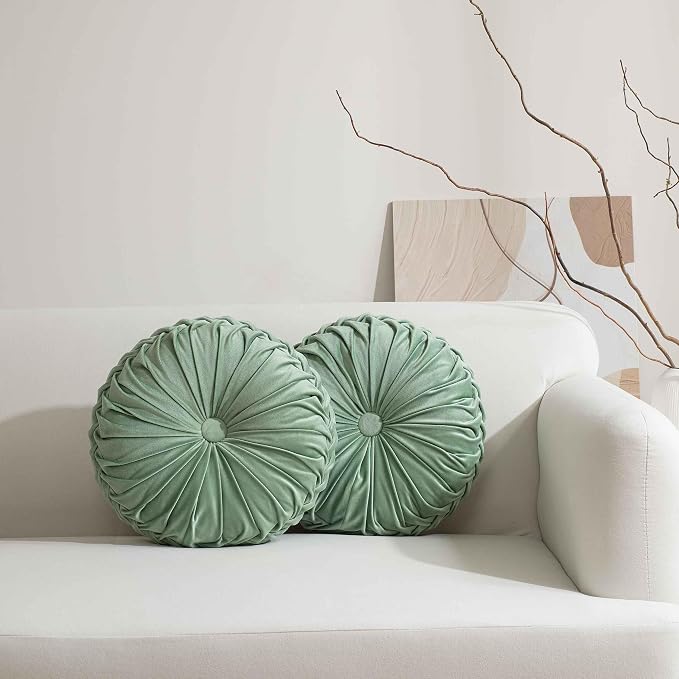 HIG Set of 2 Sage Velvet Decorative Round Pleated Throw Pillows | Vintage Floor by HIG