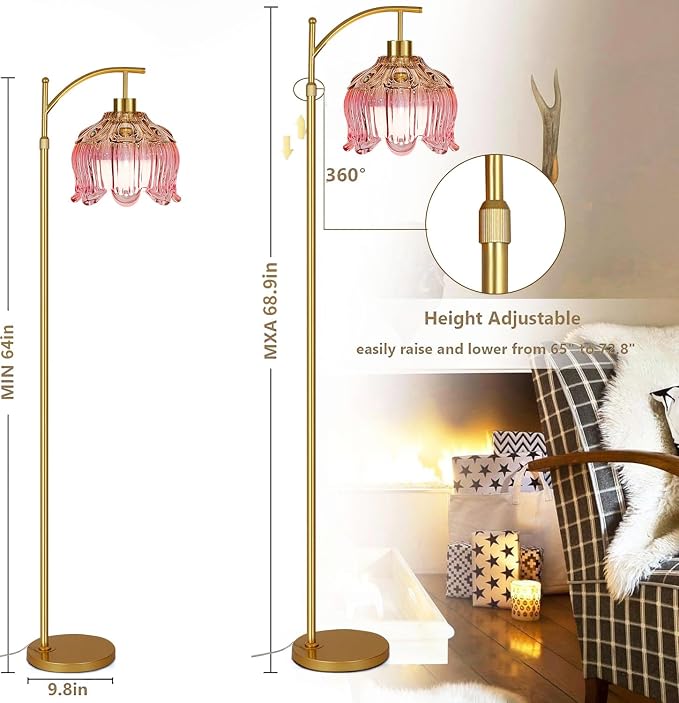 QIYIZM Pink Floor Lamp for Living Room, Glass Gold Dimmable Standing Lamp - Image 7