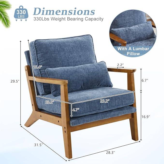 VINGLI Solid Wood Wide Armrests Accent Chair Set of 2, Upholstered Mid Century - Image 2