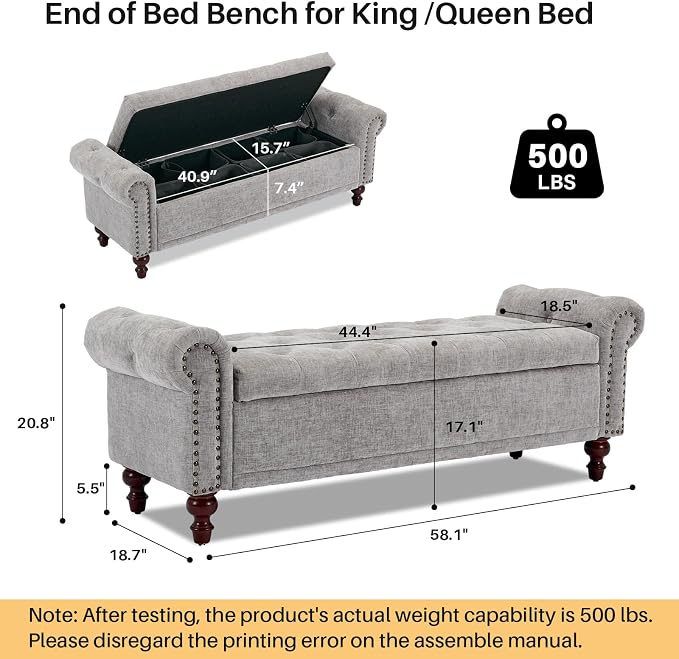 SOFTHION 58.1" Storage Bench Upholstered Chenille End of Bedroom Bed Bench - Image 2