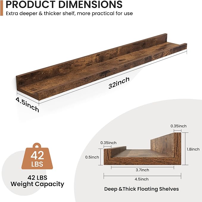 Fun Memories Picture Ledge Shelves Set of 2, 32 Inch Rustic Wall Mounted - Image 3