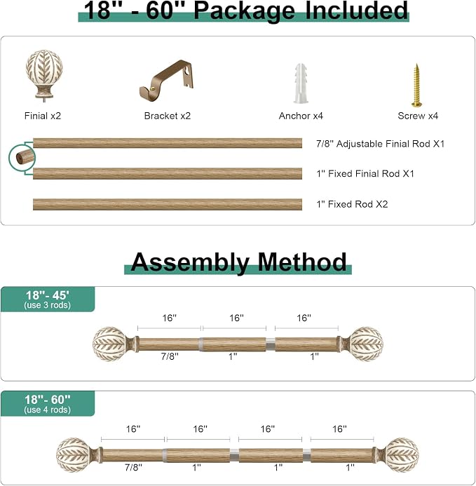 QDWIS Boho Wood Curtain Rods for Windows 28 to 48 inch, Rustic Decorative - Image 8