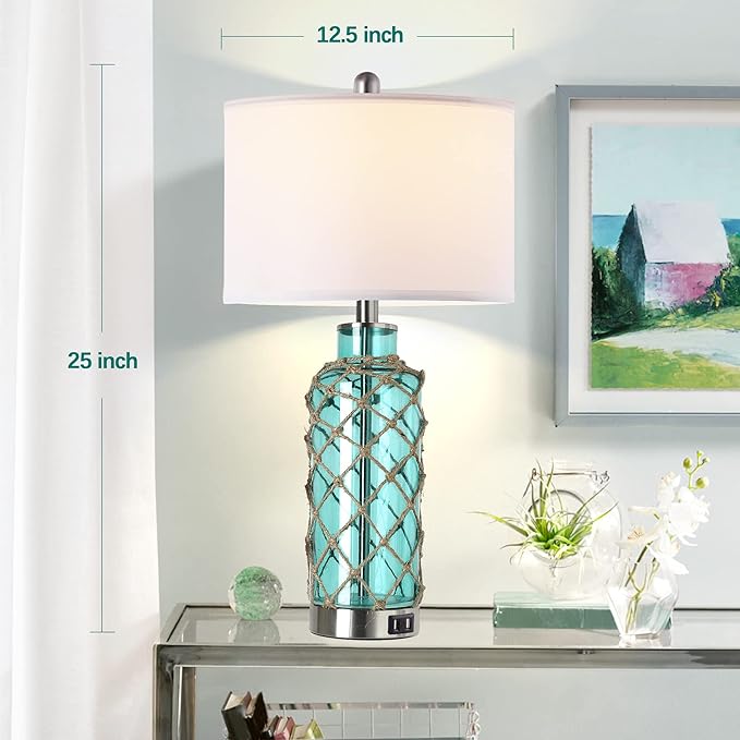 Cottage Nautical Accent Table Lamp Set of 2, Touch Control Coastal Blue Green - Image 5