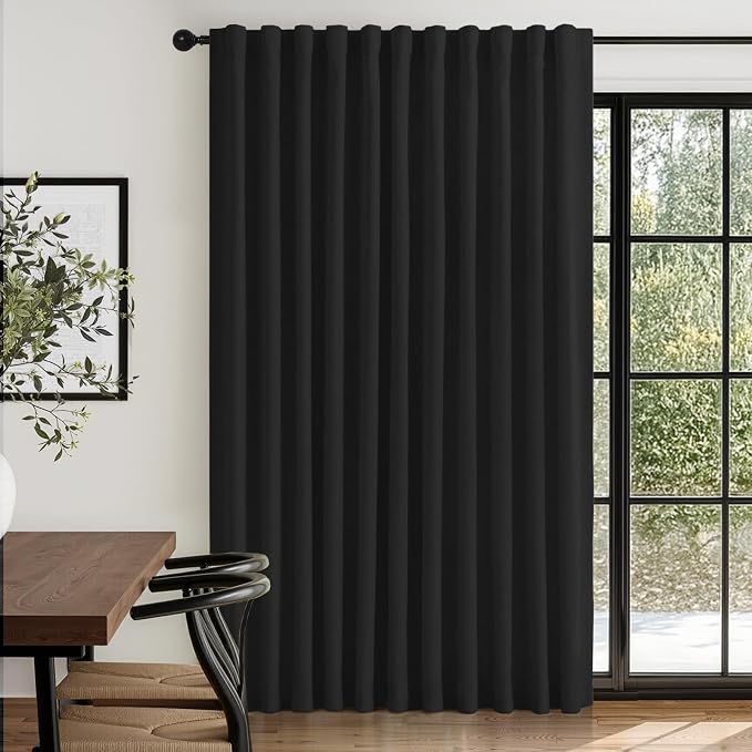 Linen Textured Total Blackout Sliding Door Curtains 90 Inches Long, Thermal by 100BlackoutShield