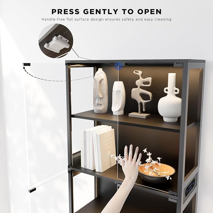 65" Tall Display Case with Glass Doors, Lighted Display Cabinet Bookcase with - Image 6
