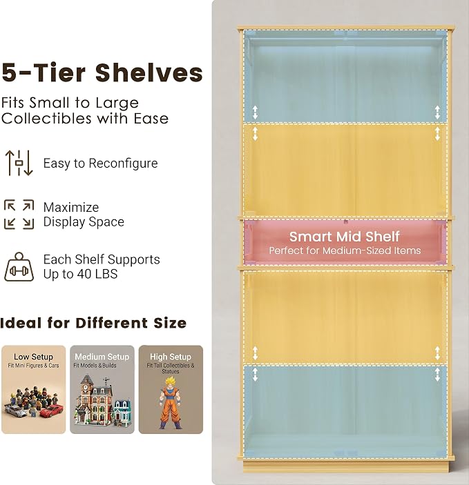 Display Cabinet with Glass Doors & LED Lights, 5 Tier Lighted Display Case - Image 4