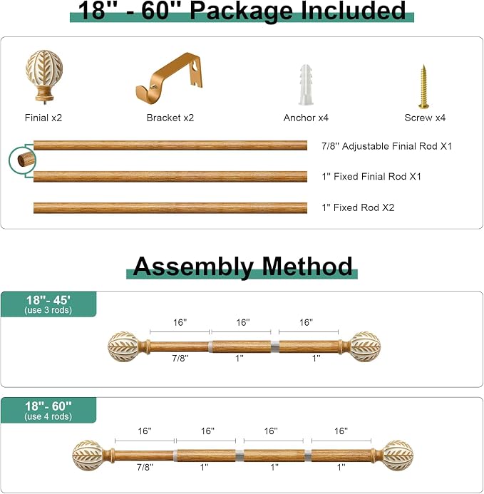 QDWIS Boho Wood Curtain Rods for Windows 28 to 48 inch, Rustic Decorative - Image 8