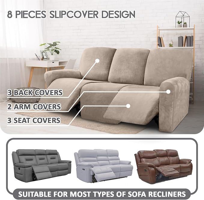 ULTICOR Velvet 8-Pieces Recliner Sofa Covers Stretch Reclining Couch Covers - Image 2