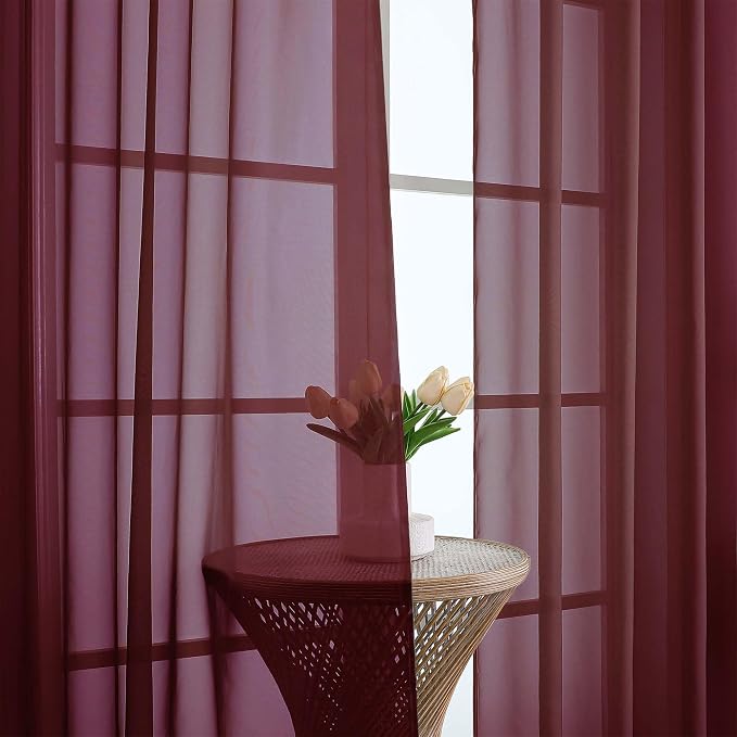Sheer Curtains 84 Inches Long 2 Panels Set, Burgundy Sheer Curtain - Image 7