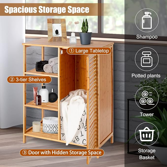 Tangkula Bamboo Bathroom Floor Cabinet, Storage Cabinet - Image 6