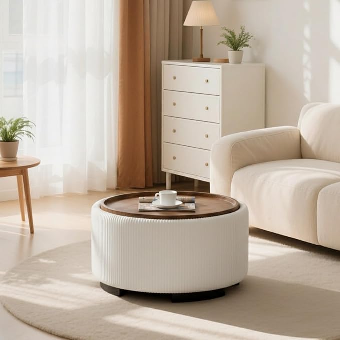 29.5 Inch Round Storage Ottoman Coffee Table, Modern Circle Coffee Table - Image 4