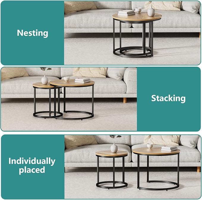 Smuxee Nesting Coffee Table Set of 2, 23.6" Round Coffee Table Brown Wood - Image 5