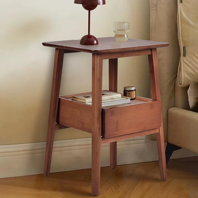 Fluted Nightstand with Drawer – Tall Solid Bamboo Bedside Table with Open Shelf - Image 5