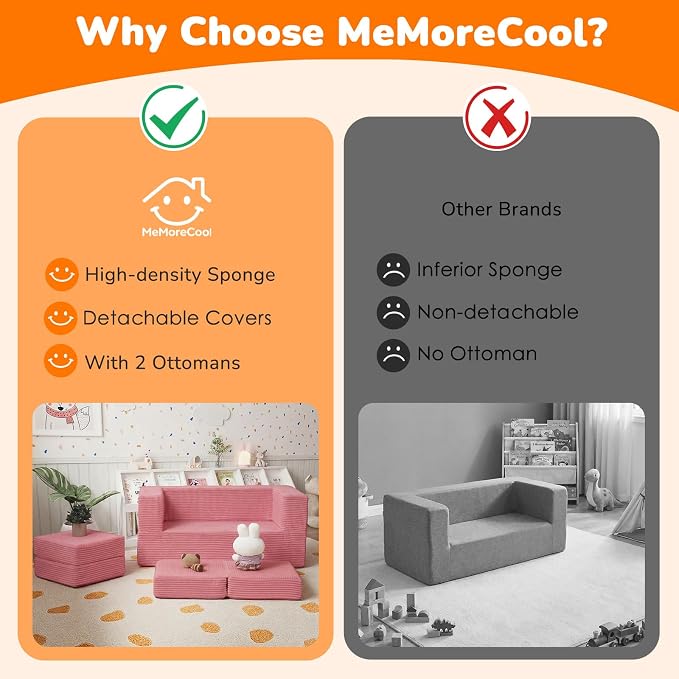 MeMoreCool Pink Corduroy Kids Play Couch, Modular Toddler Couch - Image 7