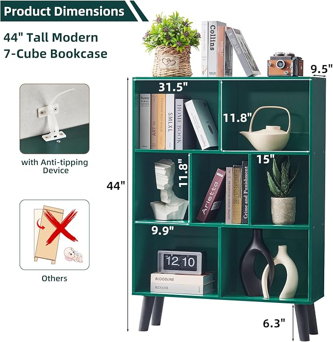 LEYAOYAO Cube Bookshelf 3 Tier Mid-Century Dark Green Modern Bookcase - Image 2