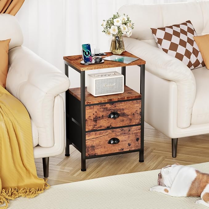 Furologee Nightstand with Charging Station, End Table with LED Lights, Bedside - Image 2