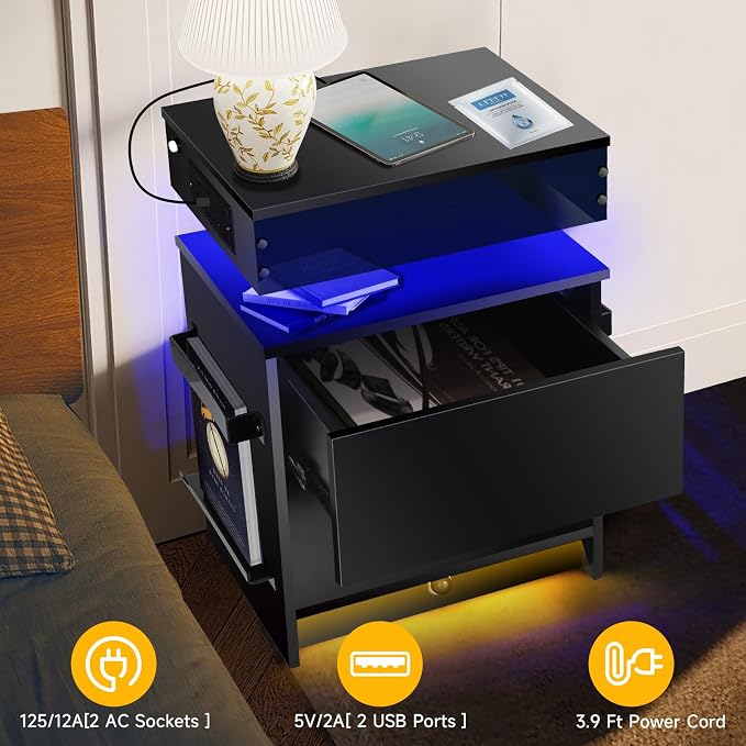 Nightstand with Induction Light & Side Charging Station, Modern Bedside Table - Image 3