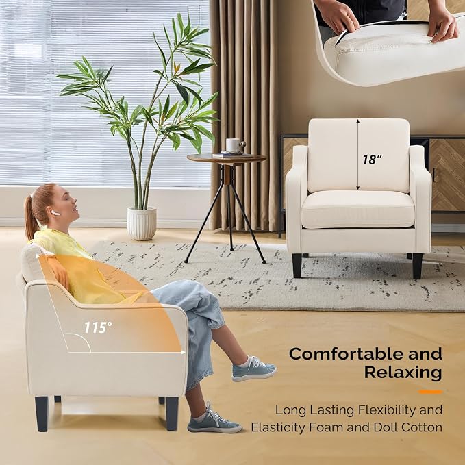 VINGLI Beige Accent Chairs for Living Room, Line Comfy Upholstered Chair Mid - Image 6