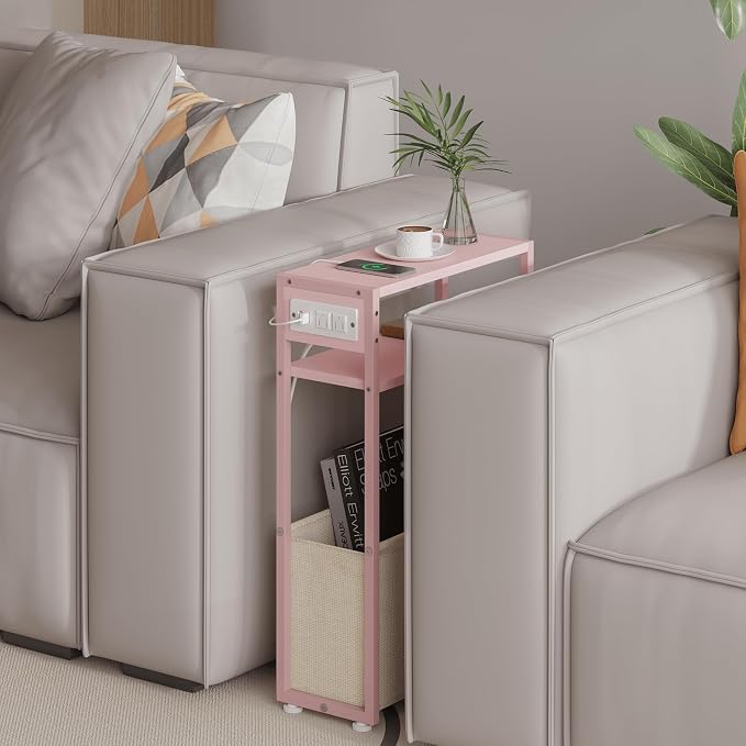 Leomonio Pink Side Table with Charging Station, Slim End Tables with Linen - Image 4