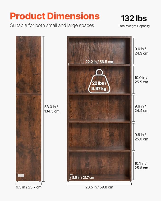 VEVOR 5 Tiers Narrow Bookshelf, 53 in Wooden Open Bookcase - Image 3