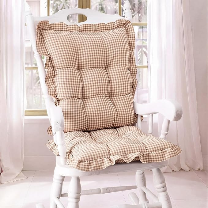 Lewtemi 2 Set Brown Gingham Rocking Chair Cushion Village Ruffled Rocking Chair by Lewtemi