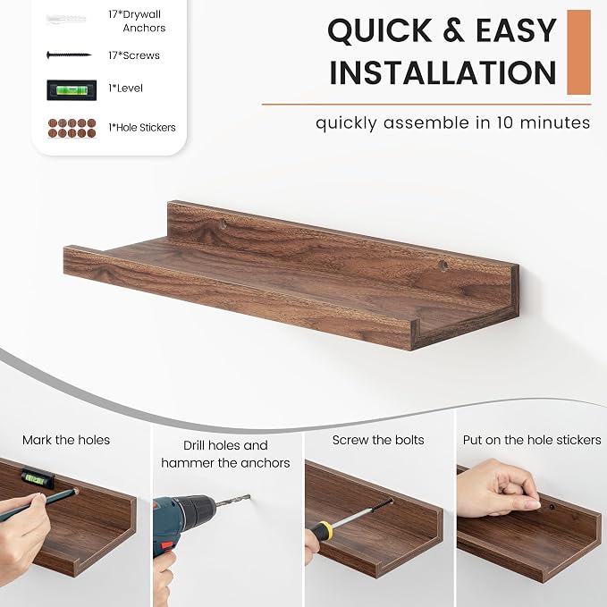 Floating Picture Ledge Shelves Set of 8, 16 Inch Shelves - Image 5