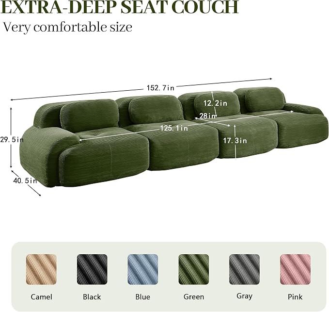 Boneless Sectional Couch, No Assembly Required, 152.7” Modular Cloud Sofa - Image 3