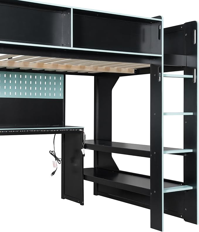 Modern Gaming Loft Bed with Built-in Desk, LED Lighting & Charging Hub – Full - Image 8