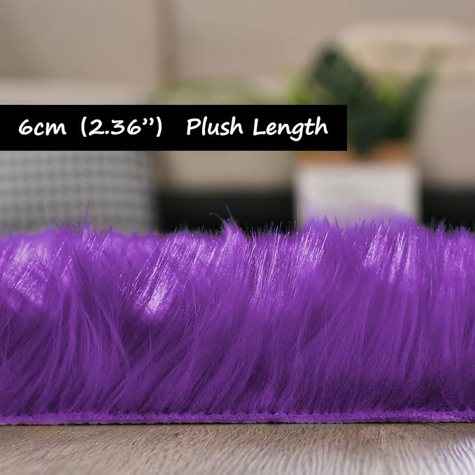 Goolela Purple Fluffy Faux Sheepskin Fur Rug Purple Fuzzy Furry Bedside Rug 2x3 - Image 3