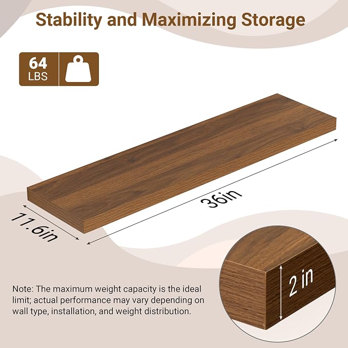 36 Inch Floating Shelves, 12 Inch Deep Floating Shelves - Image 3