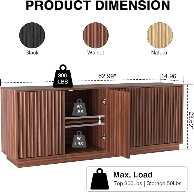 63'' Fluted TV Stand for TVs up to 75'', Modern Media Console - Image 2