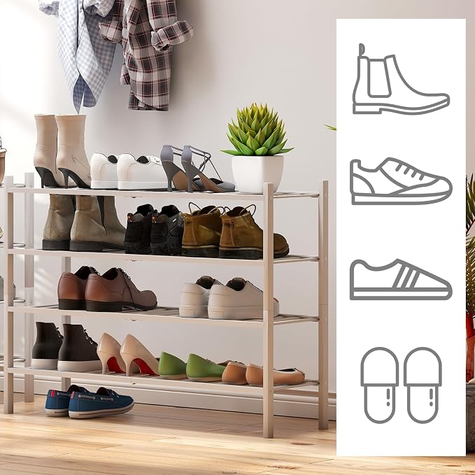 viewcare White 4-Tier Long Shoe Rack, Bamboo Wood - Image 6