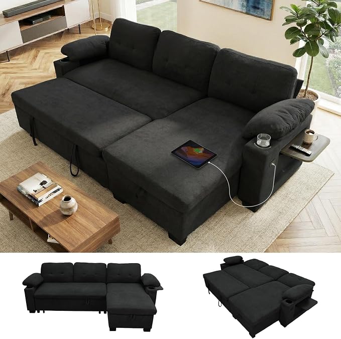 KCGKCG 93" L Shaped Sleeper Sofa Bed, Pull Out Sectional Couch by KCGKCG