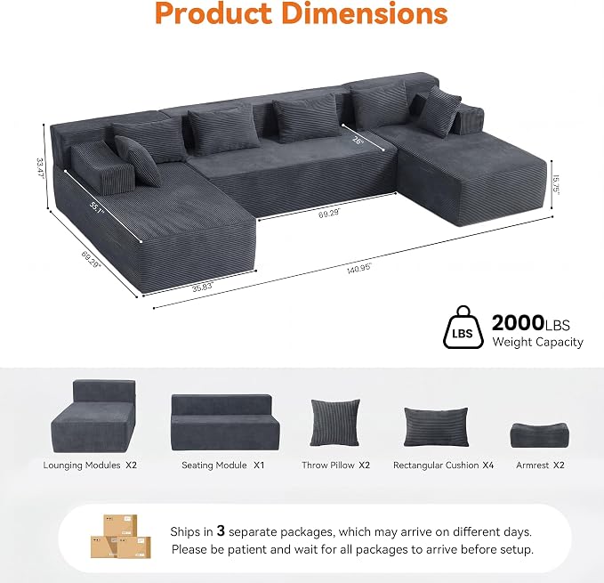MONVANE 141" U Shaped Cloud Sectional Couch - Image 3