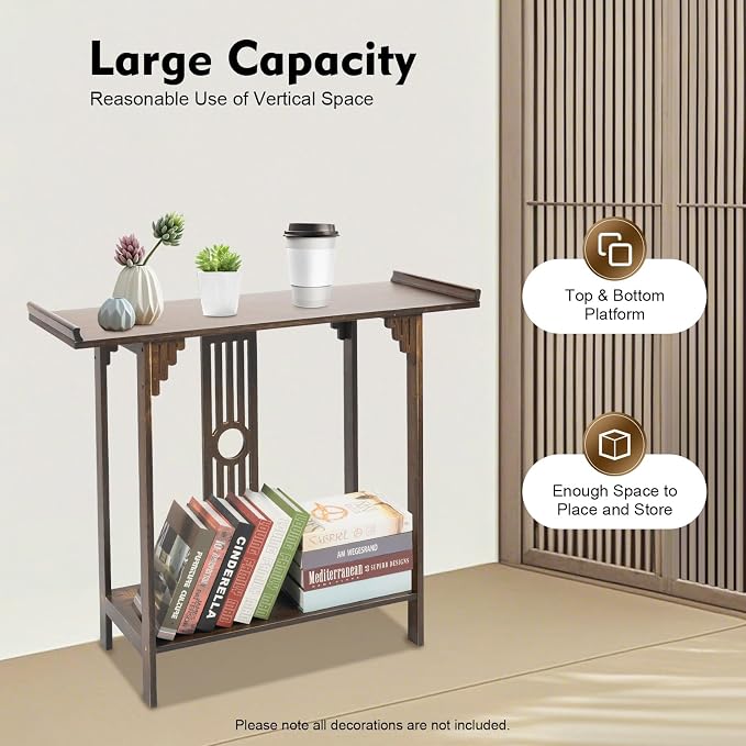 Chinese Style Vintage Console Table, 40In 2 Tiers Bamboo Sofa Consoles Table - Image 4