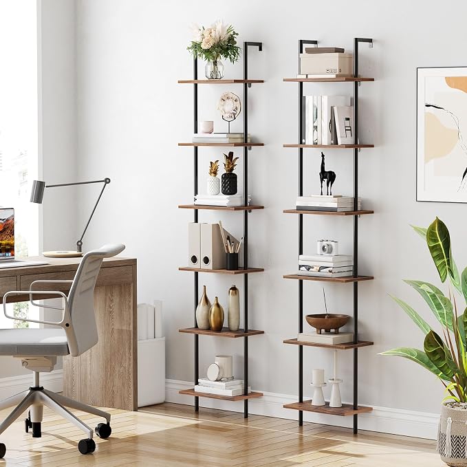 HOOBRO DIY Ladder Shelf, 6-Tier Wooden Wall Mounted Bookshelf, Narrow Bookcase - Image 7