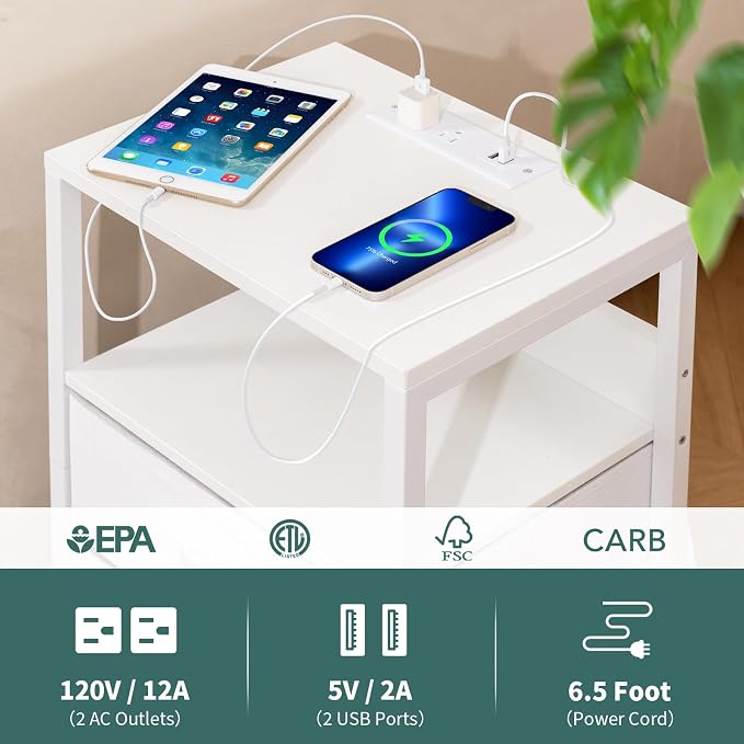 Yoobure Nightstand with Charging Station, Small Night Stand with Fabric Drawers - Image 6