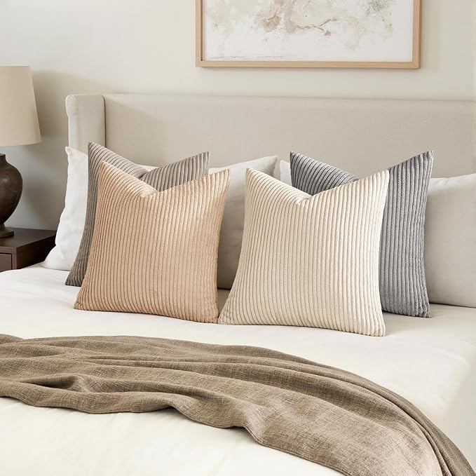 MIULEE Soft Corduroy Decorative Throw Pillow Covers Neutral Cream 20x20 | Set - Image 4