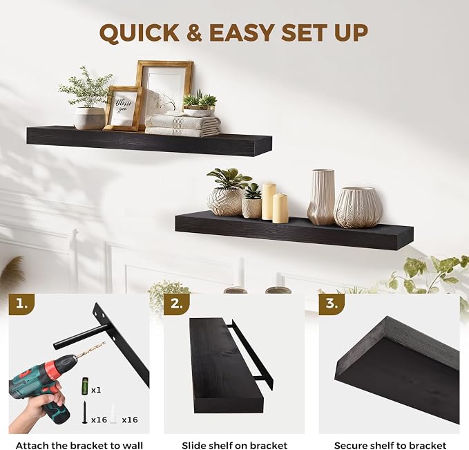 36x8x1.6 inch Floating Shelves Set of 2 – Solid Wood Rustic Black Wall Mounted - Image 5
