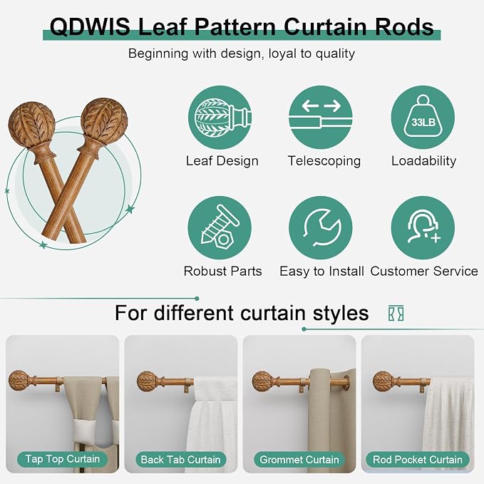 QDWIS 2 Pack Boho Wood Curtain Rods - Image 6