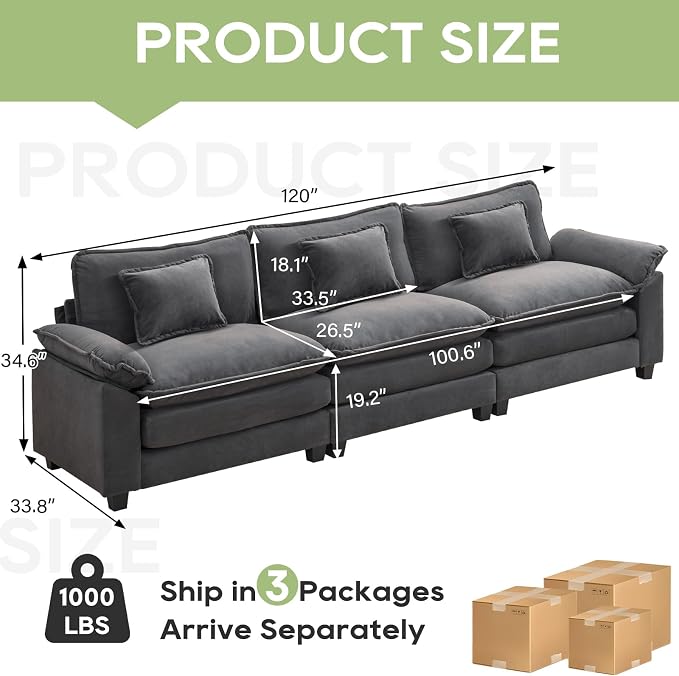 Oprisen 120" Modular Sectional Sofa, Comfy Cloud Couch Sectional Sofa, Velvet - Image 2