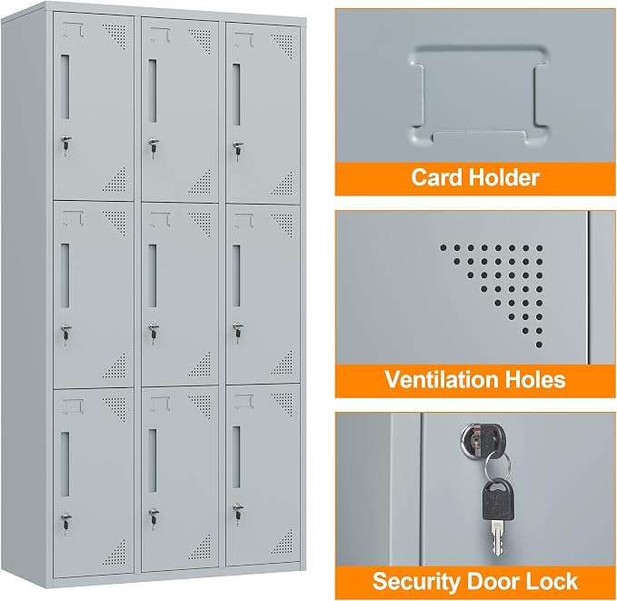 Metal Locker with 9 Doors Employees Locker, Metal Storage Locker with Hooks - Image 4