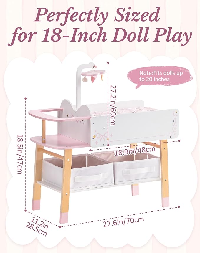 ROBOTIME 18 Inch Doll Changing Table, Wooden Baby Doll Bed - Image 7